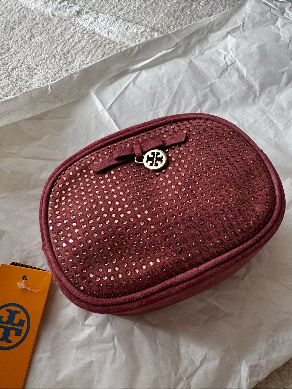 Tory Burch Studded Suede Cosmetic Case in Wine Red